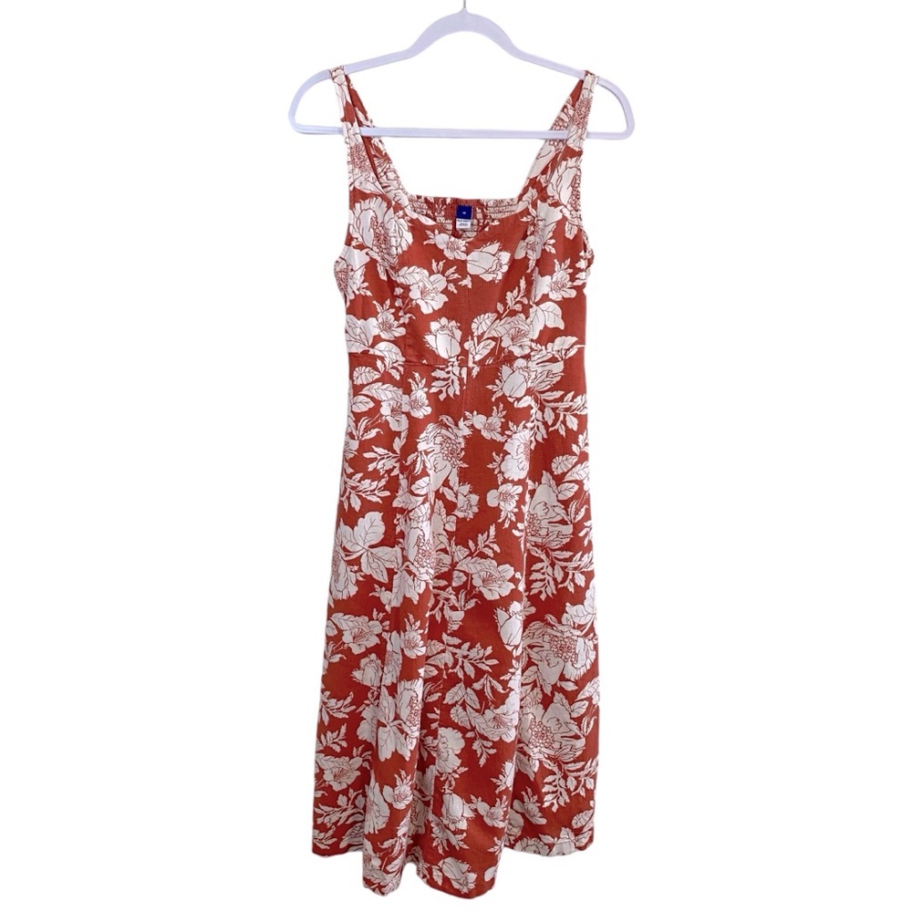 Old Navy - Orange/White Floral Print Linen Blend Midi Dress - M - Picture 2 of 7